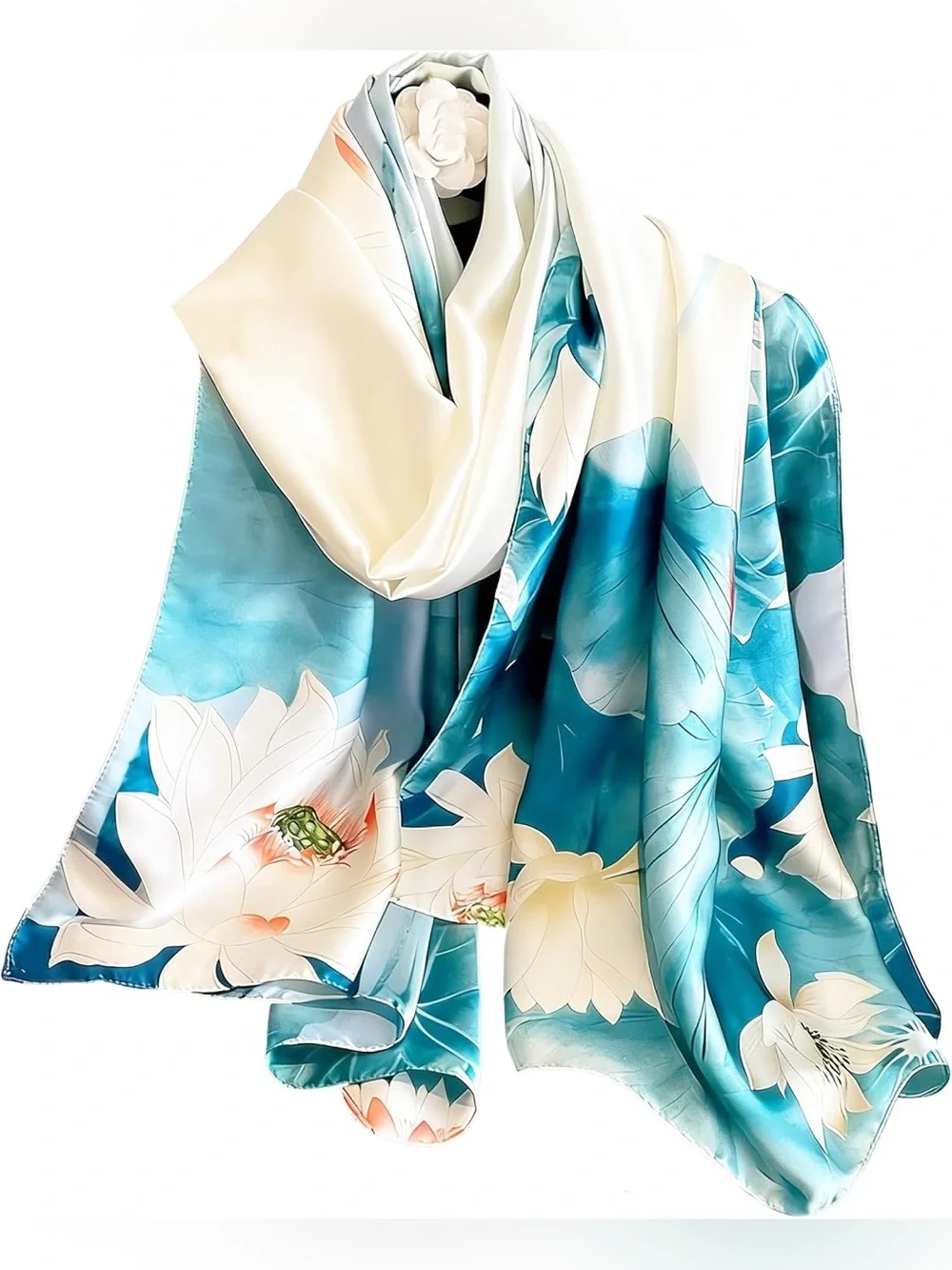 New Jinayin scarf white lotus flower design set against a teal blue beautiful